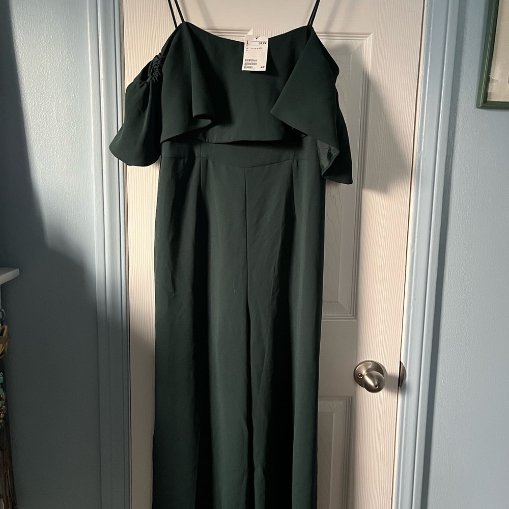 Forest Green Off-Shoulder Jumpsuit with Ruffle Overlay